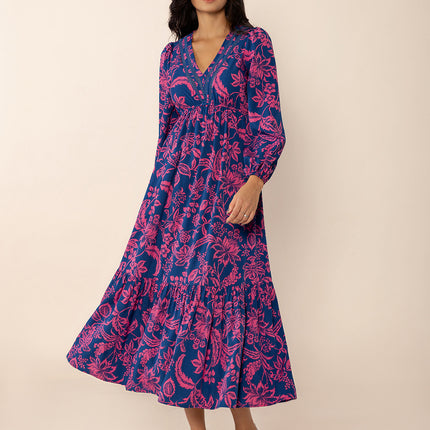 Printed V-Neck Long Sleeve Midi Dress