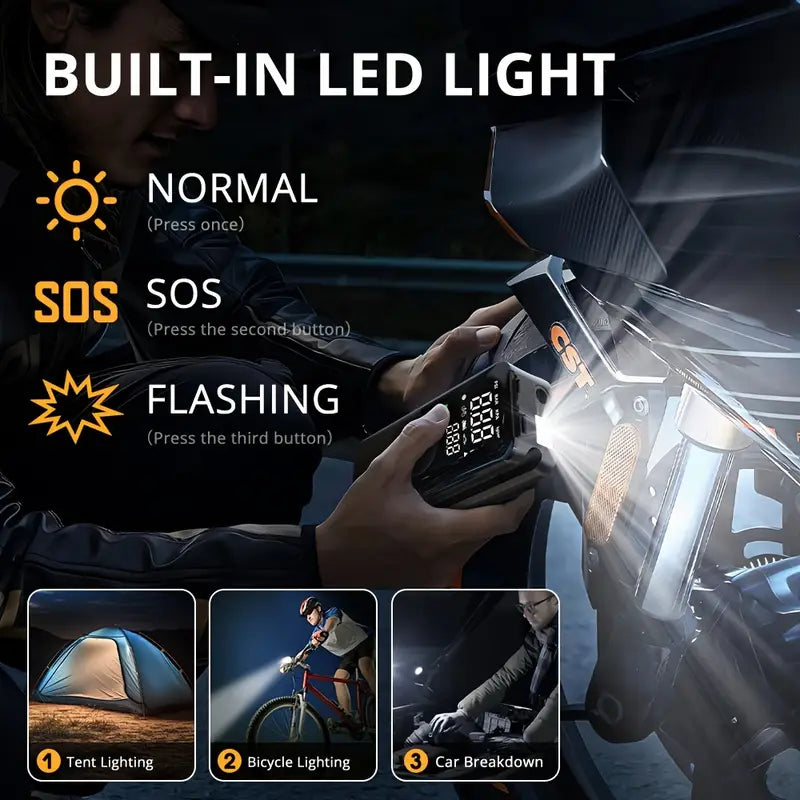 Portable Tire Inflator for Cars, Motorcycles & Bicycles – Compact Air Pump with Digital Display, Fast Inflation & Rear Storage Case