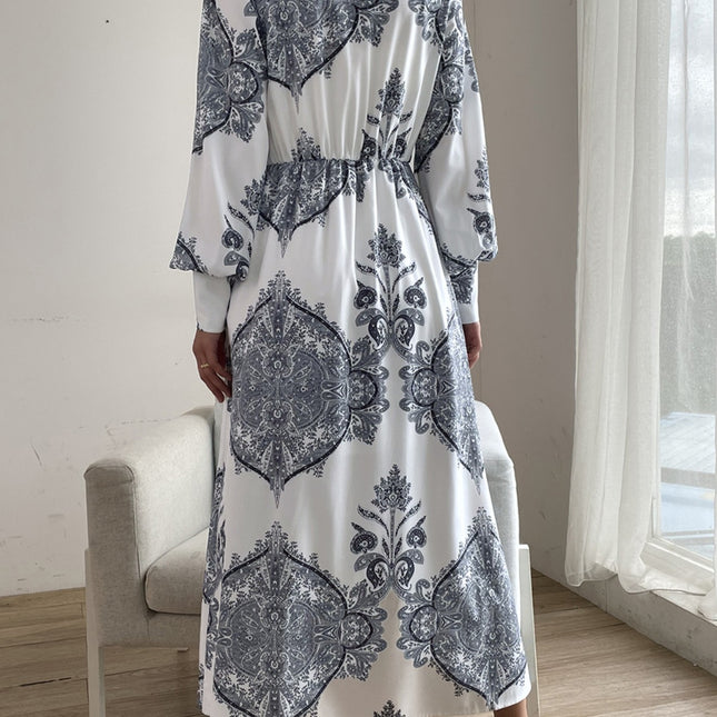 Printed Notched Lantern Sleeve Midi Dress