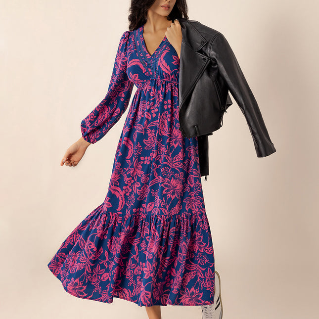 Printed V-Neck Long Sleeve Midi Dress