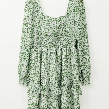Ruffle Hem Floral Square Neck Long Sleeve Dress