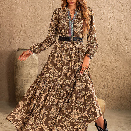 Ruched Printed Notched Long Sleeve Maxi Dress