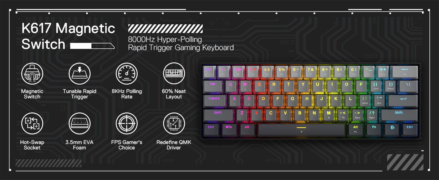 Redragon K617 Rapid Trigger Gaming Keyboard, 60% 61 Keys Wired Mechanical 8K Hz Polling RateDedicated Magnetic Switch Misty Grey
