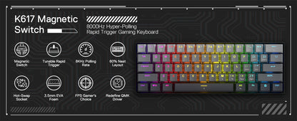 Redragon K617 Rapid Trigger Gaming Keyboard, 60% 61 Keys Wired Mechanical 8K Hz Polling RateDedicated Magnetic Switch Misty Grey