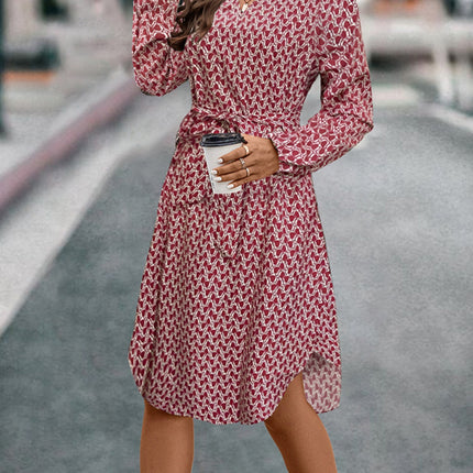 Tied Printed Notched Balloon Sleeve Dress
