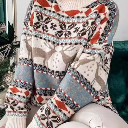 Geometric Round Neck Dropped Shoulder Sweater