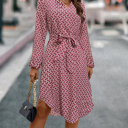Tied Printed Notched Balloon Sleeve Dress