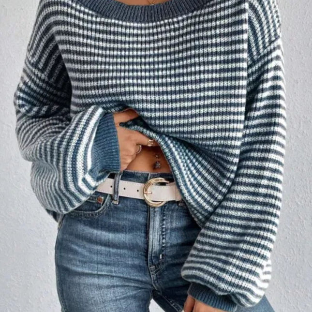 Striped Boat Neck Long Sleeve Sweater