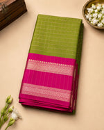 Olive Green Soft Silk Saree with Pink Zari Border