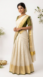 Elegant Kerala Tissue Silk Half Saree Set – Ivory Cream & Olive Green | Traditional South Indian Festive Wear | Onam, Wedding & Party Outfit